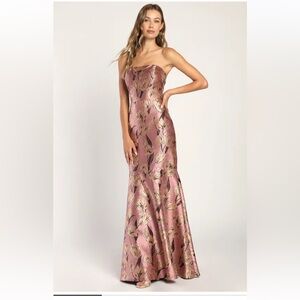 Lulus Strapless Floral Satin Gown in Pink